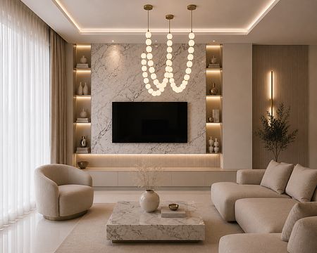 Wnętrze salonu w stylu glamour z nowoczesnymi akcentami i marmurowymi detalami.