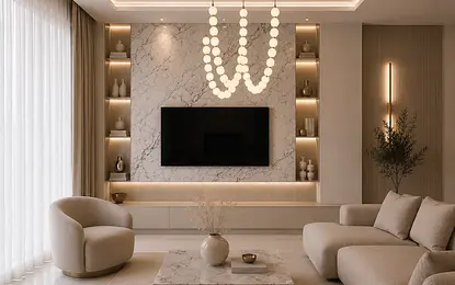 Wnętrze salonu w stylu glamour z nowoczesnymi akcentami i marmurowymi detalami.
