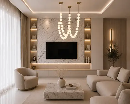 Wnętrze salonu w stylu glamour z nowoczesnymi akcentami i marmurowymi detalami.
