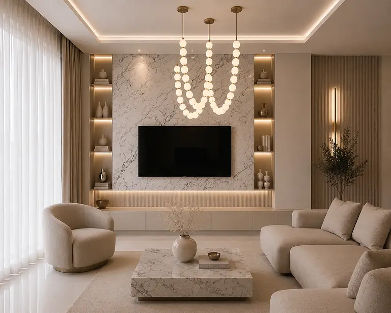 Wnętrze salonu w stylu glamour z nowoczesnymi akcentami i marmurowymi detalami.