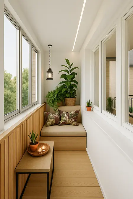 Przytulny balkon z roślinami, drewnianą ławką i lampą w stylu industrialnym.