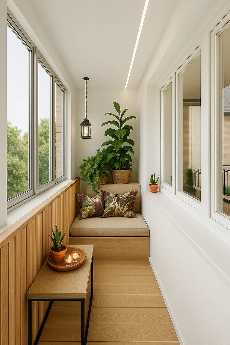 Przytulny balkon z roślinami, drewnianą ławką i lampą w stylu industrialnym.
