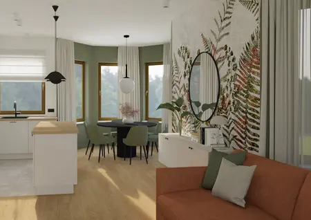 Wnętrze kuchni z zielonymi akcentami i drewnianymi meblami. Styl dopamine decor i soft minimalizm.