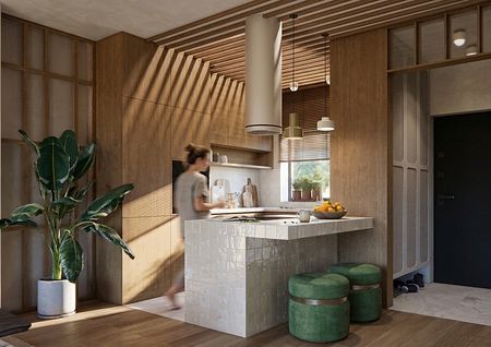 Kuchnia boho japandi z drewnianymi meblami i zielonymi dodatkami.