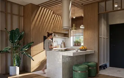 Kuchnia boho japandi z drewnianymi meblami i zielonymi dodatkami.