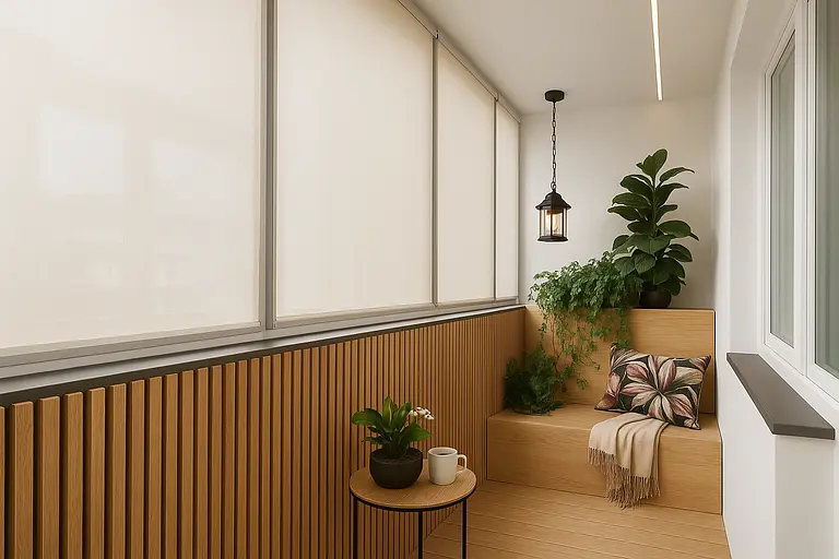 Balkon w stylu industrialnym z drewnianą ławką, roślinami i lampą.