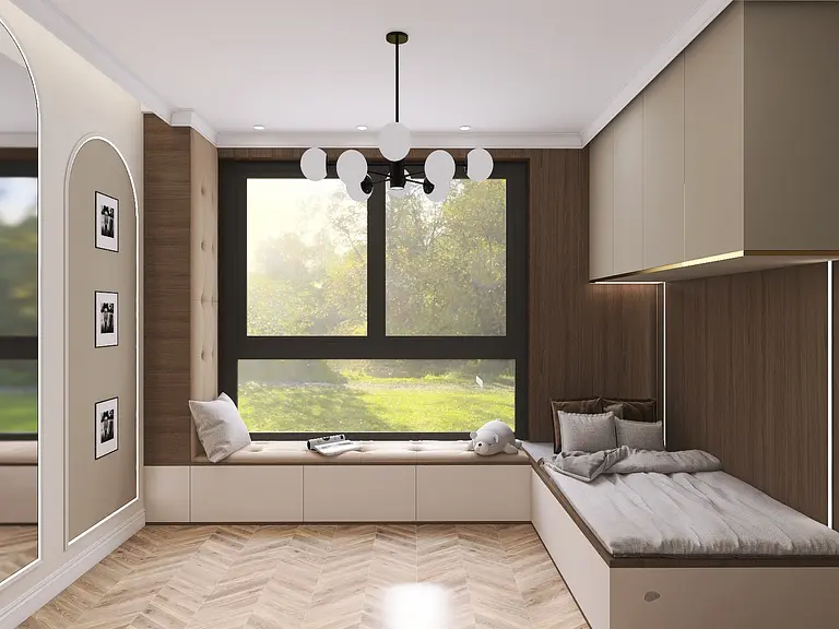 Pokój dziecięcy z nowoczesnym oświetleniem i drewnianymi detalami w stylu glamour.