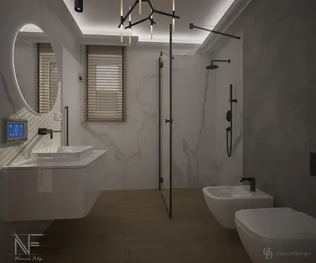 Wnętrze nowoczesnej łazienki z marmurowymi ścianami, tradycyjnymi akcentami i quiet luxury.