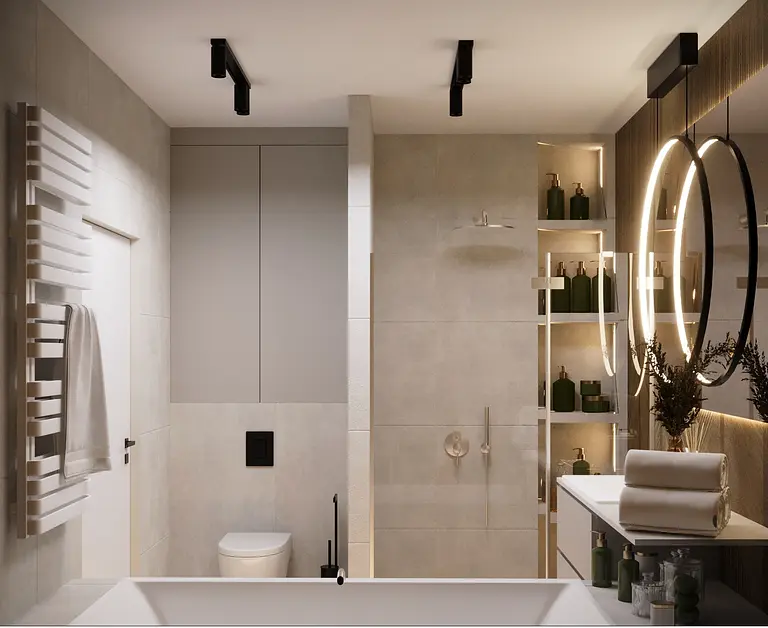 Nowoczesna łazienka eklektyczna z minimalistycznym wykończeniem i glamour detalami.