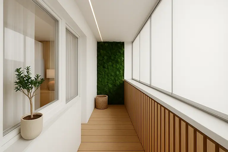 Balkon w stylu industrialnym z drewnianą balustradą i roślinnością.