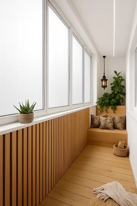 Balkon w stylu industrialnym z drewnianymi elementami i roślinami.