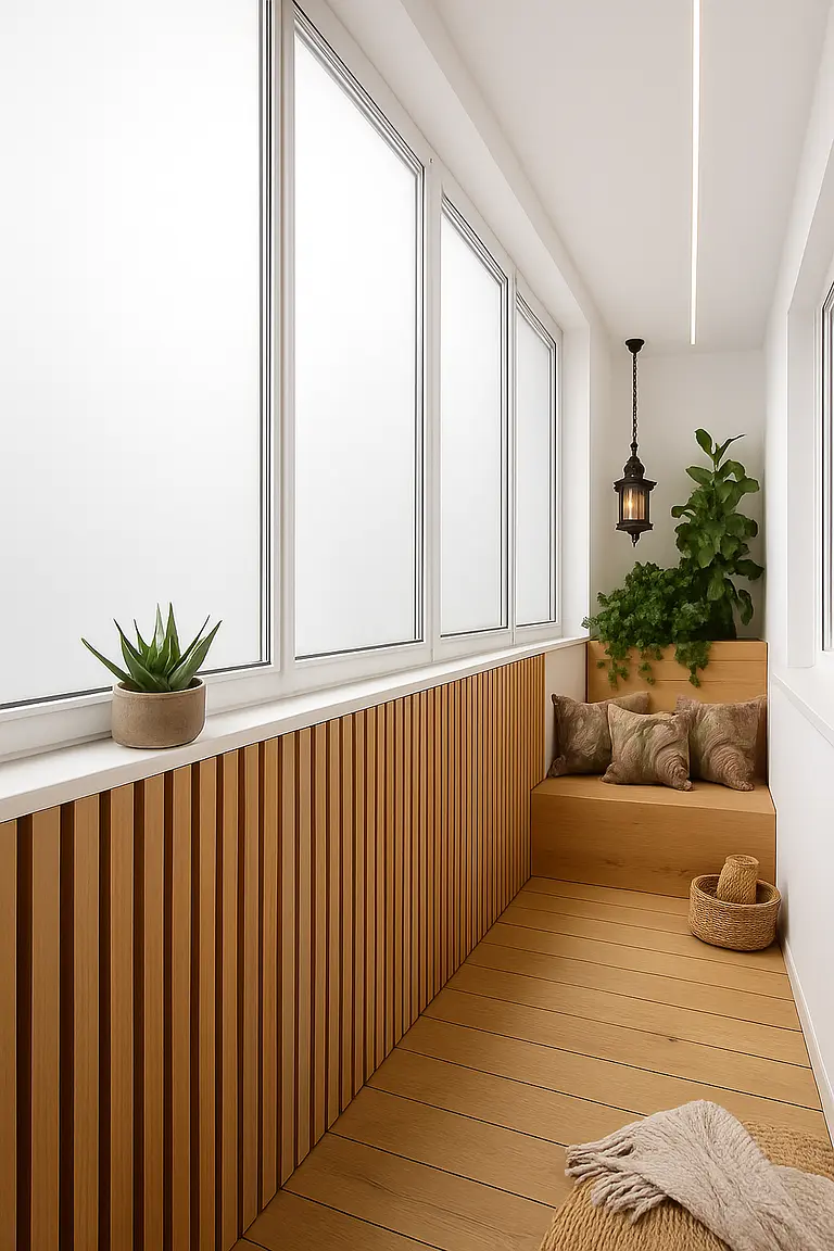 Balkon w stylu industrialnym z drewnianymi elementami i roślinami.