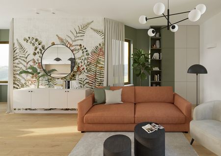 Wnętrze salonu z pomarańczową sofą, zielonymi roślinami i minimalistycznymi detalami.