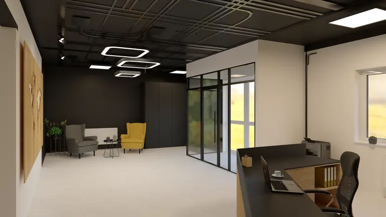 Gabinet w stylu industrialnym z żółtym fotelem i biurkiem