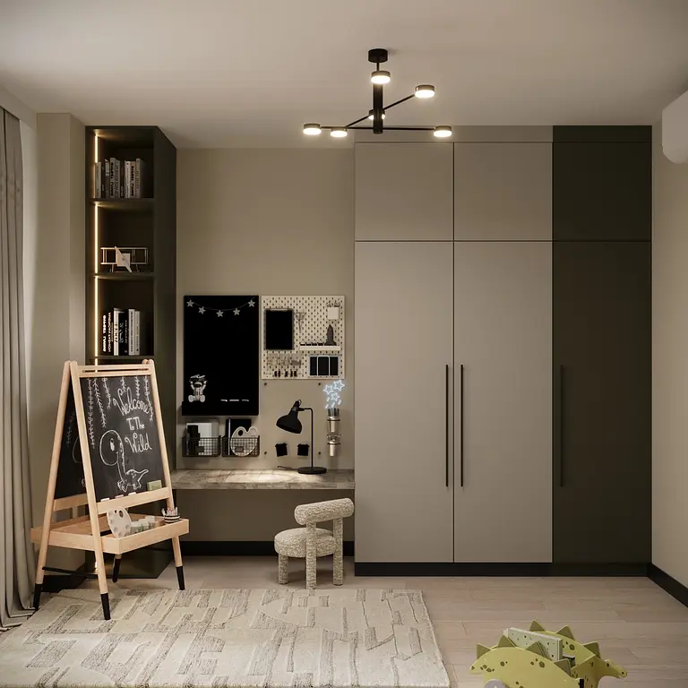 Pokój dziecięcy w stylu eklektycznym z minimalistycznym biurkiem i glamour akcentami.