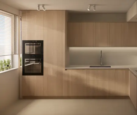Wnętrze kuchni w stylu japandi, minimalistycznym i soft minimalizm z drewnianymi meblami.