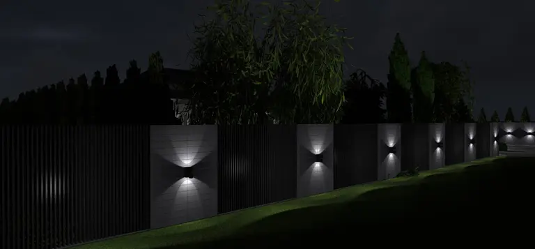 Widok na industrialny mur z lampami, roślinność w stylu japandi, nowoczesne oświetlenie.