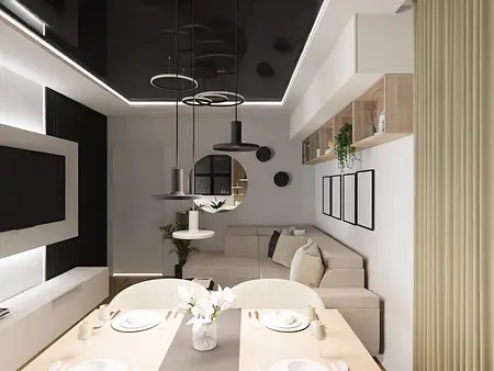 Nowoczesne wnętrze jadalni z minimalistycznym designem, białymi meblami i drewnianymi akcentami.