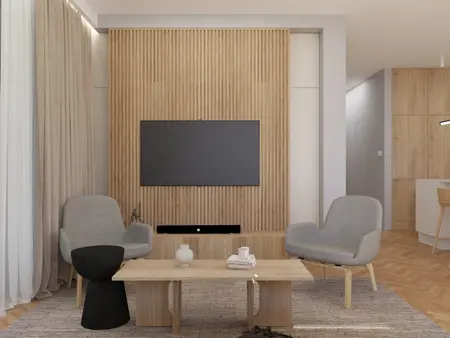 Nowoczesny salon w stylu japandi z drewnianą ścianą i szarymi meblami.