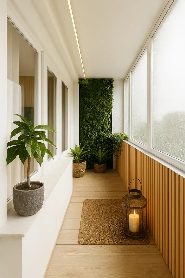 Balkon z zielonymi roślinami, drewnianą ścianką i świecą, styl industrialny.