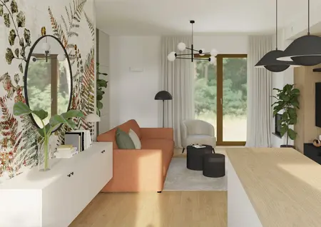 Wnętrze salonu z pomarańczową kanapą, roślinami i drewnianymi detalami w stylu dopamine decor i soft minimalizm.