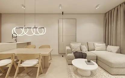 Wnętrze w stylu japandi, minimalistycznym i minimaluxe z jasnymi meblami.