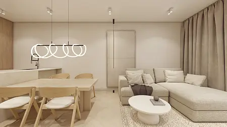 Wnętrze w stylu japandi, minimalistycznym i minimaluxe z jasnymi meblami.