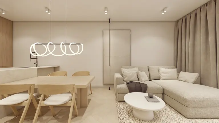Wnętrze w stylu japandi, minimalistycznym i minimaluxe z jasnymi meblami.