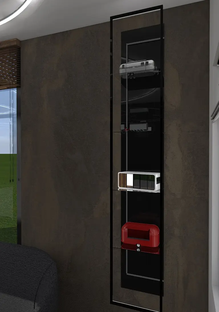 Półka w stylu dopamine decor z elementami industrialnymi i japandi w nowoczesnym wnętrzu.