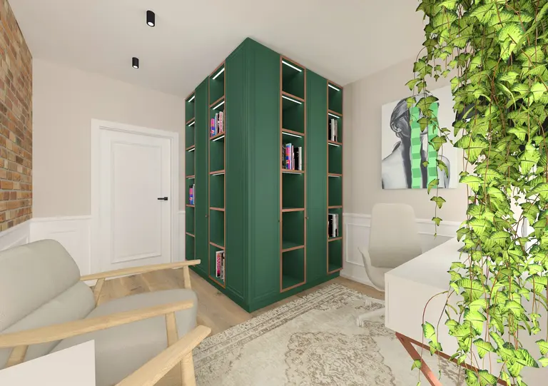 Gabinet z zieloną biblioteczką, roślinami i ceglaną ścianą