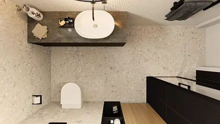 Wnętrze łazienki z białą umywalką, szarymi ścianami i czarnymi detalami w stylach glamour, industrialnym, minimalistycznym, nowoczesnym.