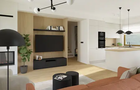 Nowoczesne wnętrze salonu z drewnianymi akcentami, lampą i telewizorem, styl dopamine decor, soft minimalizm.