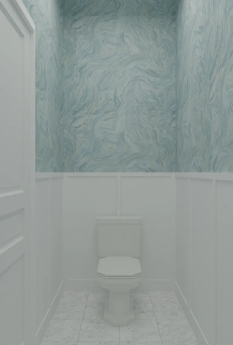 Toaleta z białymi panelami i niebieską ścianą w stylu art deco, minimaluxe, quiet luxury.