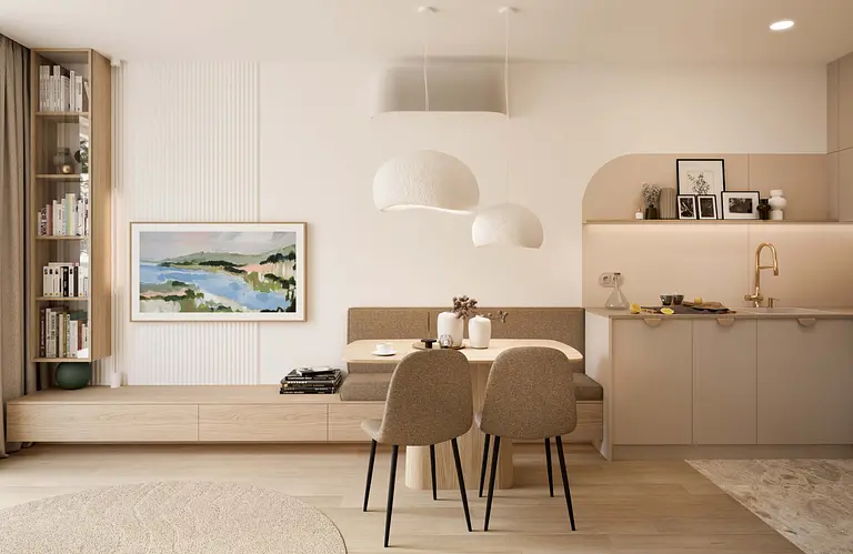 Wnętrze kuchni w stylu boho, japandi i minimalistycznym z drewnianymi akcentami.
