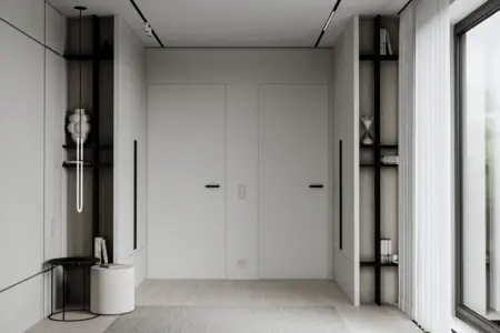 Minimalistyczne wnętrze z białymi drzwiami i drewnianymi detalami, nowoczesne i skandynawskie.