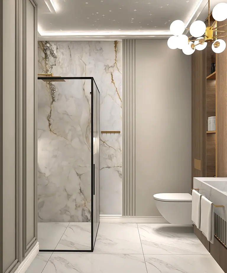 Nowoczesna łazienka z marmurowymi i drewnianymi elementami, styl glamour, quiet luxury.
