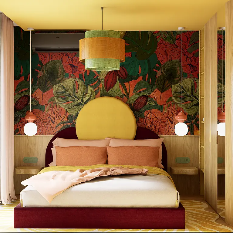 Sypialnia z roślinnym motywem w stylach art deco, dopamine decor, eklektyczny, nowoczesny, vintage, współczesny.