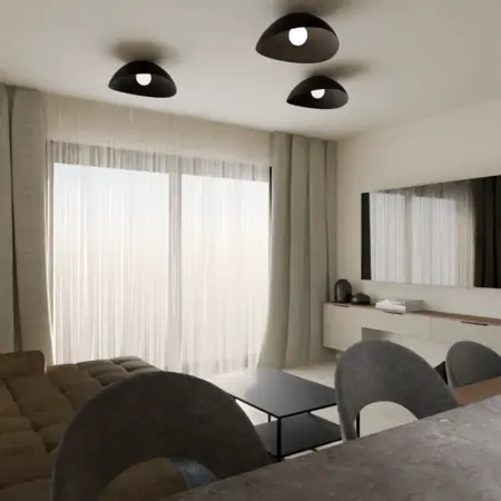 Współczesny salon z beżową sofą, szarymi zasłonami i nowoczesnymi lampami.