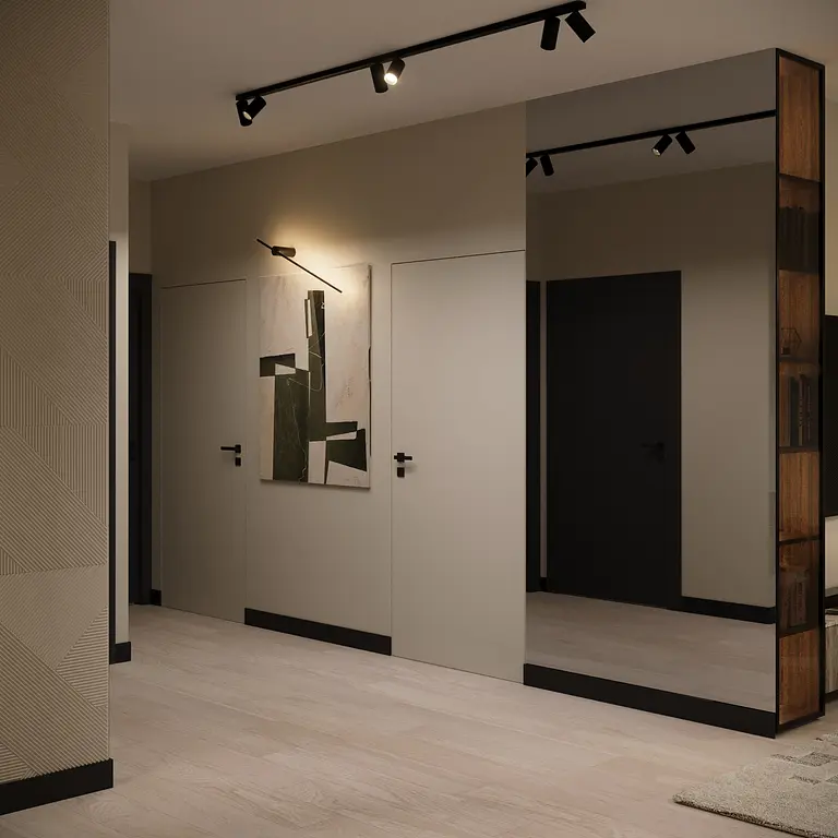 Przedpokój w stylu eklektycznym z minimalistycznym lustrem i glamour oświetleniem