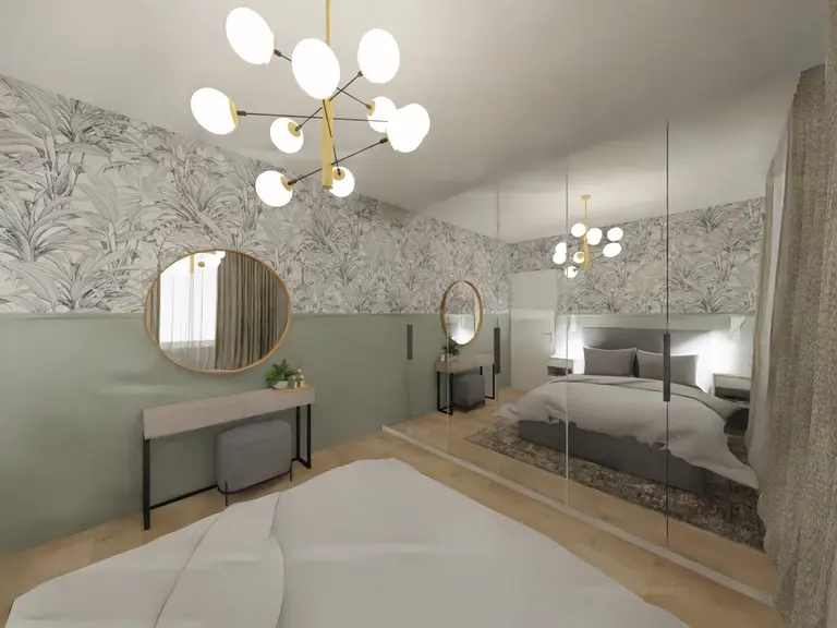 Wnętrze sypialni w stylu glamour i minimalistycznym z nowoczesnym oświetleniem.