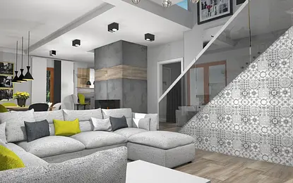 Wnętrze salonu w stylu dopamine decor i japandi z szarym narożnikiem