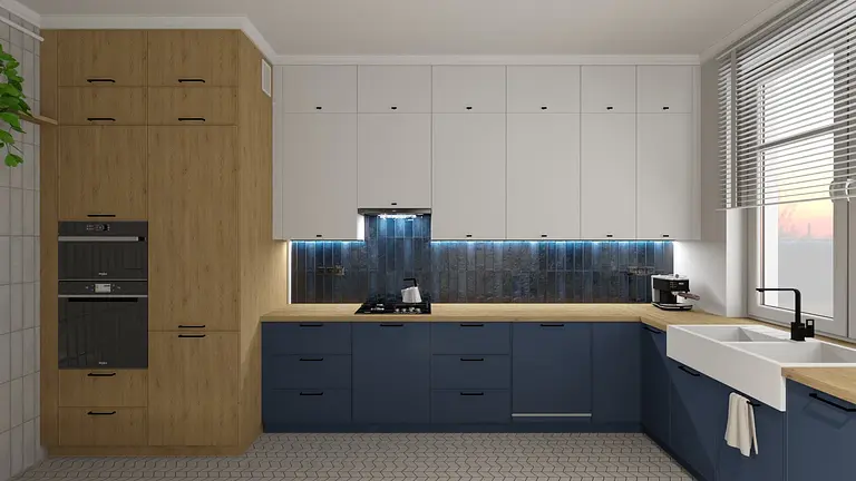 Kuchnia w stylu eklektycznym z drewnianymi meblami, art deco i minimalizmem.