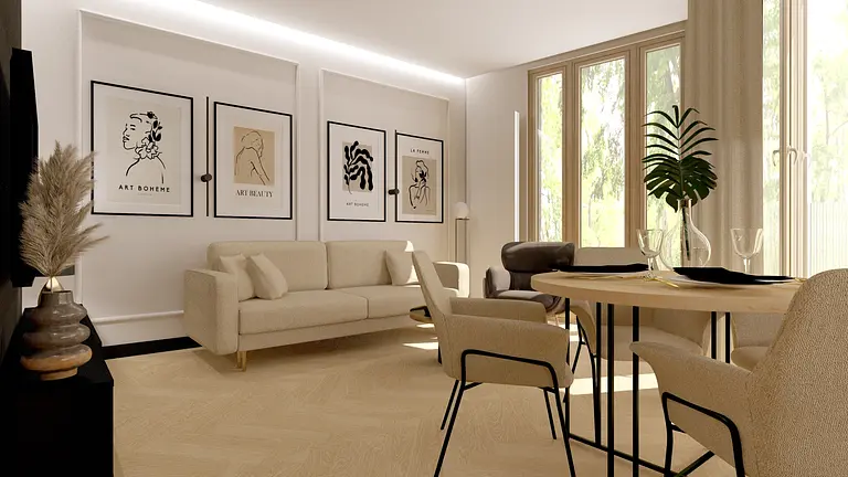 Wnętrze salonu w stylu art deco i minimaluxe z jasnymi meblami.