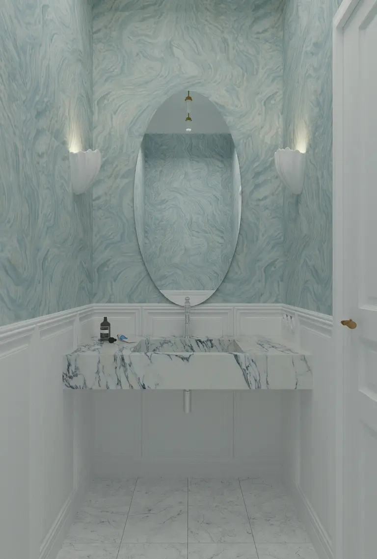 Mała łazienka z marmurową umywalką, niebieskimi ścianami i stylami art deco, minimaluxe, quiet luxury.
