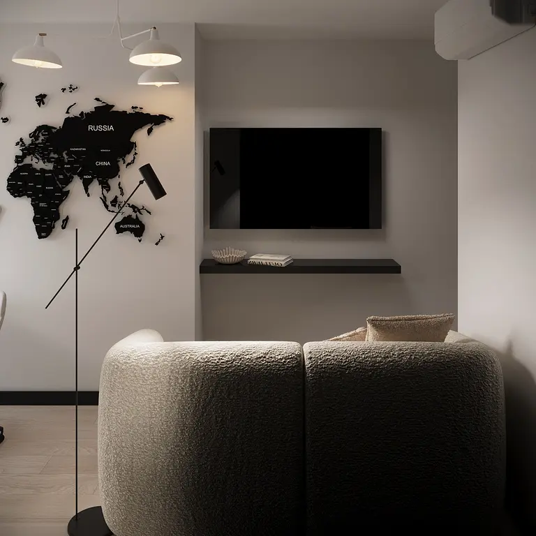 Nowoczesny salon z eklektycznym oświetleniem i minimalistycznym wystrojem.