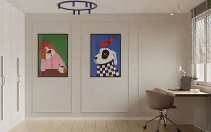 Wnętrze pokoju z biurkiem, obrazami w stylu japandi, minimalistycznym i nowoczesnym.