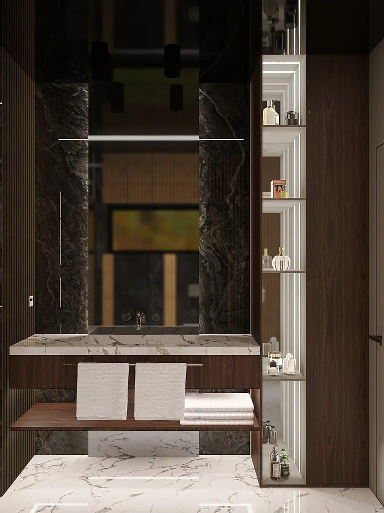 Nowoczesna łazienka w stylu glamour z marmurowym blatem i drewnianymi akcentami.