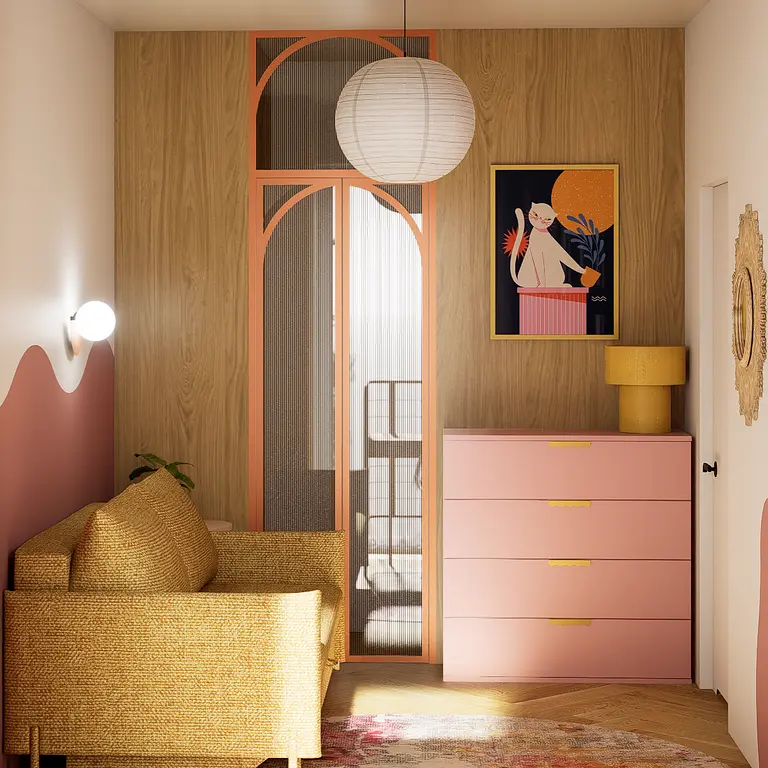 Wnętrze z różową komodą, drewnianymi elementami, styl art deco i vintage.