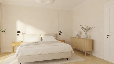 Sypialnia z minimalistycznym wystrojem, art deco i tradycyjnymi elementami.
