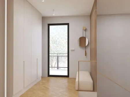 Przedpokój w stylu japandi, nowoczesny z soft minimalizmem.